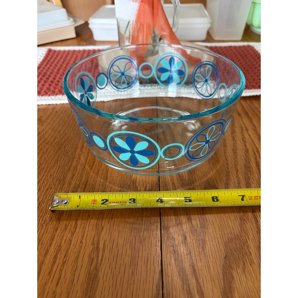 Pyrex 7203 Blue Floral Glass Bowl 7 Cup Round Storage Mixing Bowl Made in USA